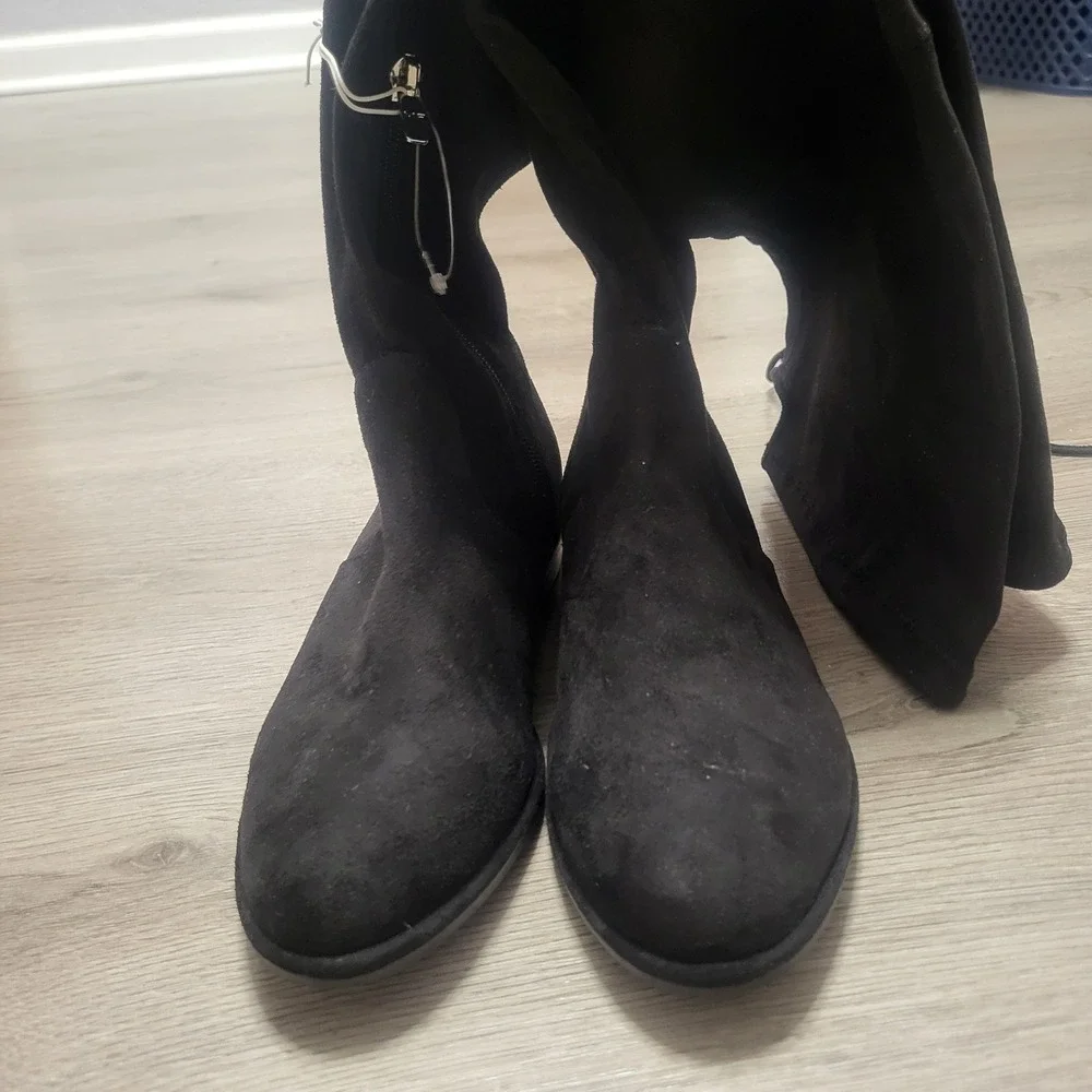 Marc Fisher Black Faux Suede Over The Knee Flat Boots Size 5 Tie Back Thigh High